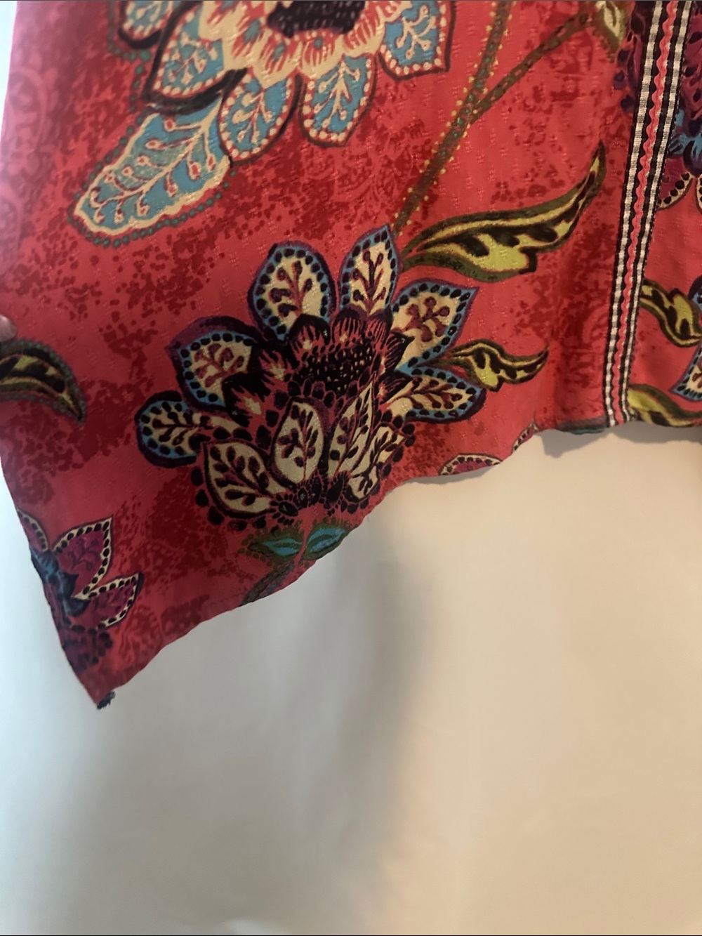 Democracy Red Floral Cold-Shoulder V-Neck Blouse with Gingham Trim - Picture 7 of 9